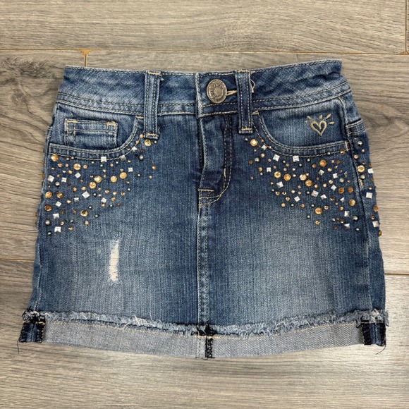 Justice Other - Y2K Justice Denim Mini Skirt Girls 7S Rhinestone Studded Bling‎ Frayed Hem